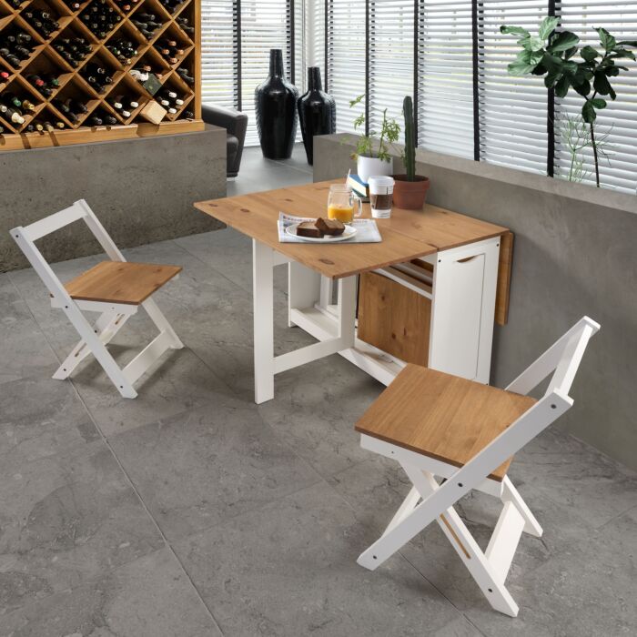 400-401-146_24_2 - Jamies Furniture Wooden dining table with white legs and two folding chairs in a modern room; wine rack in the background.