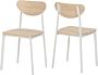 Pair of light wood dining chairs with curved backs and slim legs, placed side by side in a neutral setting.