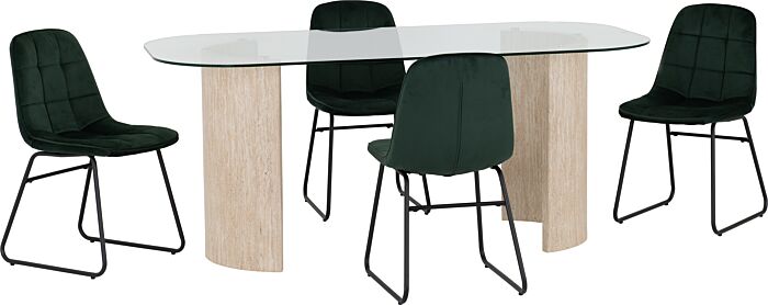 Oval glass-top dining table with light wood legs, accompanied by four dark green upholstered chairs on black metal frames.