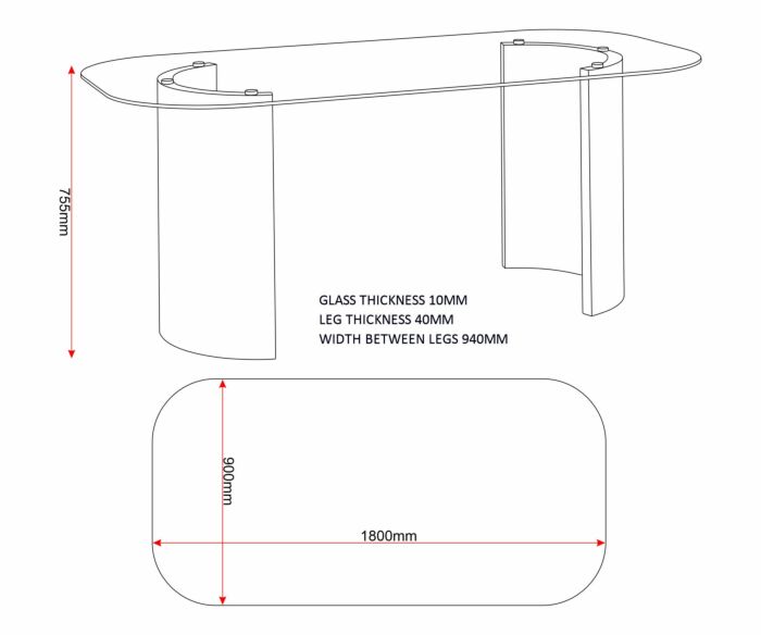 Technical drawing of a curved glass desk with two supports; side view shows 755 mm height, 10 mm glass, 40 mm legs, 940 mm between legs; top view shows a rounded 1800 x 900 mm base.