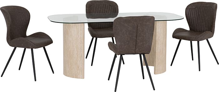 Brown fabric dining set: oval glass-top table with light wood legs, surrounded by five matching brown chairs on black legs.