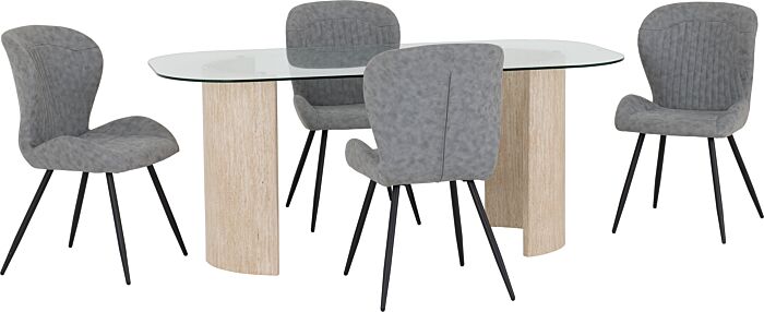 Glass-topped oval dining table with light wood pedestal legs, surrounded by five gray upholstered dining chairs with black legs.