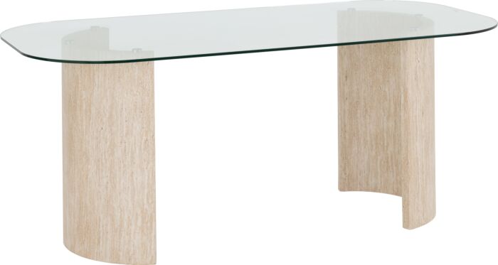400-401-380_02 - Jamies Furniture Oval glass-top table on two wooden cylindrical legs, modern minimalist design.