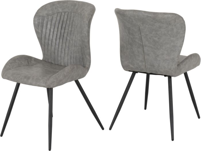 400-401-380_06 - Jamies Furniture Pair of gray upholstered dining chairs with black metal legs, shown from front and back for scale and style.