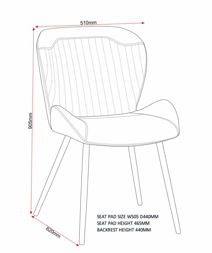 400-401-380_61 - Jamies Furniture Line drawing of a chair with dimensions: 510mm wide, 905mm tall, 620mm deep; seat pad 505×440mm, seat height 465mm, backrest 440mm.