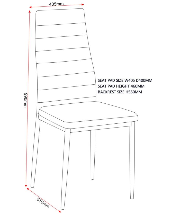 400-402-098_60_2 - Jamies Furniture Line drawing of a chair with red dimension arrows: overall height 960 mm, width 405 mm, depth 510 mm. Seat pad measures 405 mm wide by 400 mm deep, seat pad height 460 mm, backrest height 550 mm.