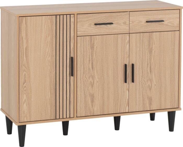 Light oak sideboard with a left tall cabinet that has vertical slats, two small top drawers, and right-side double doors on black tapered legs.
