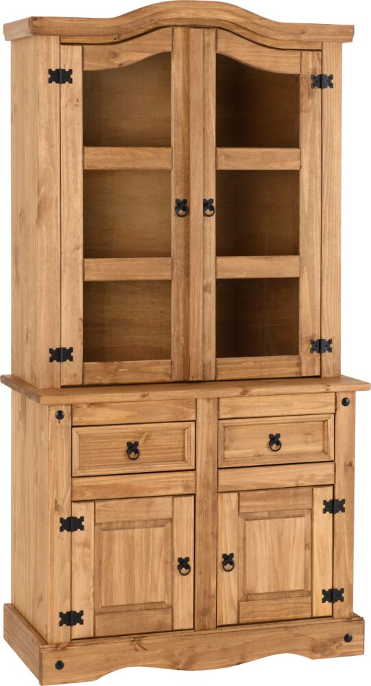 Rustic wooden cabinet with glass-front upper doors and multiple lower drawers and doors.