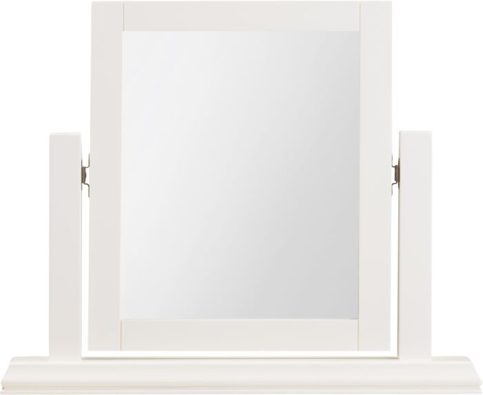 White framed tabletop vanity mirror with two adjustable side panels on a white base.