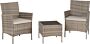 Outdoor wicker furniture set: two cushioned armchairs and a small matching square table.