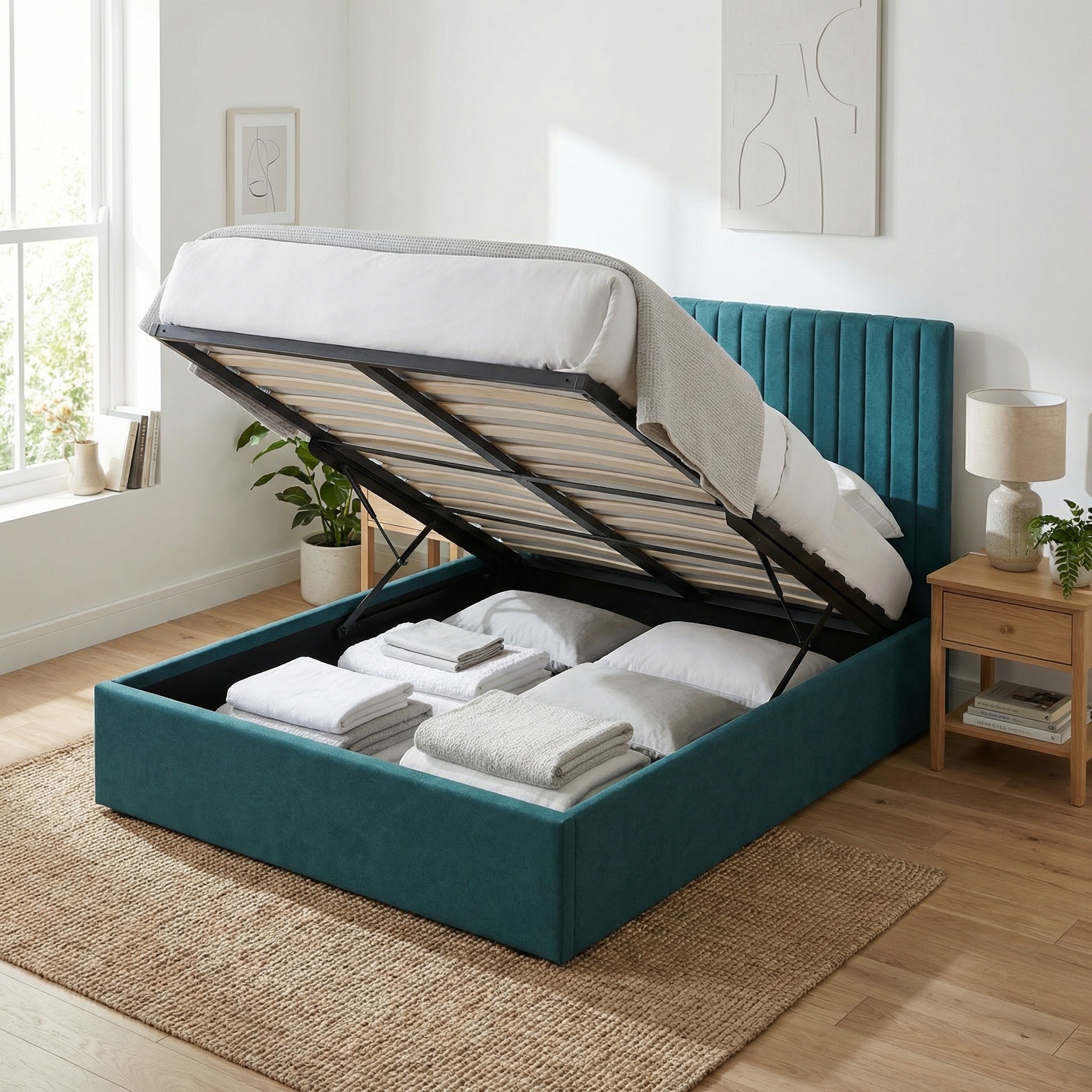 king-size-tall-ottoman-storage-bedframe-marbled-teal-fabric