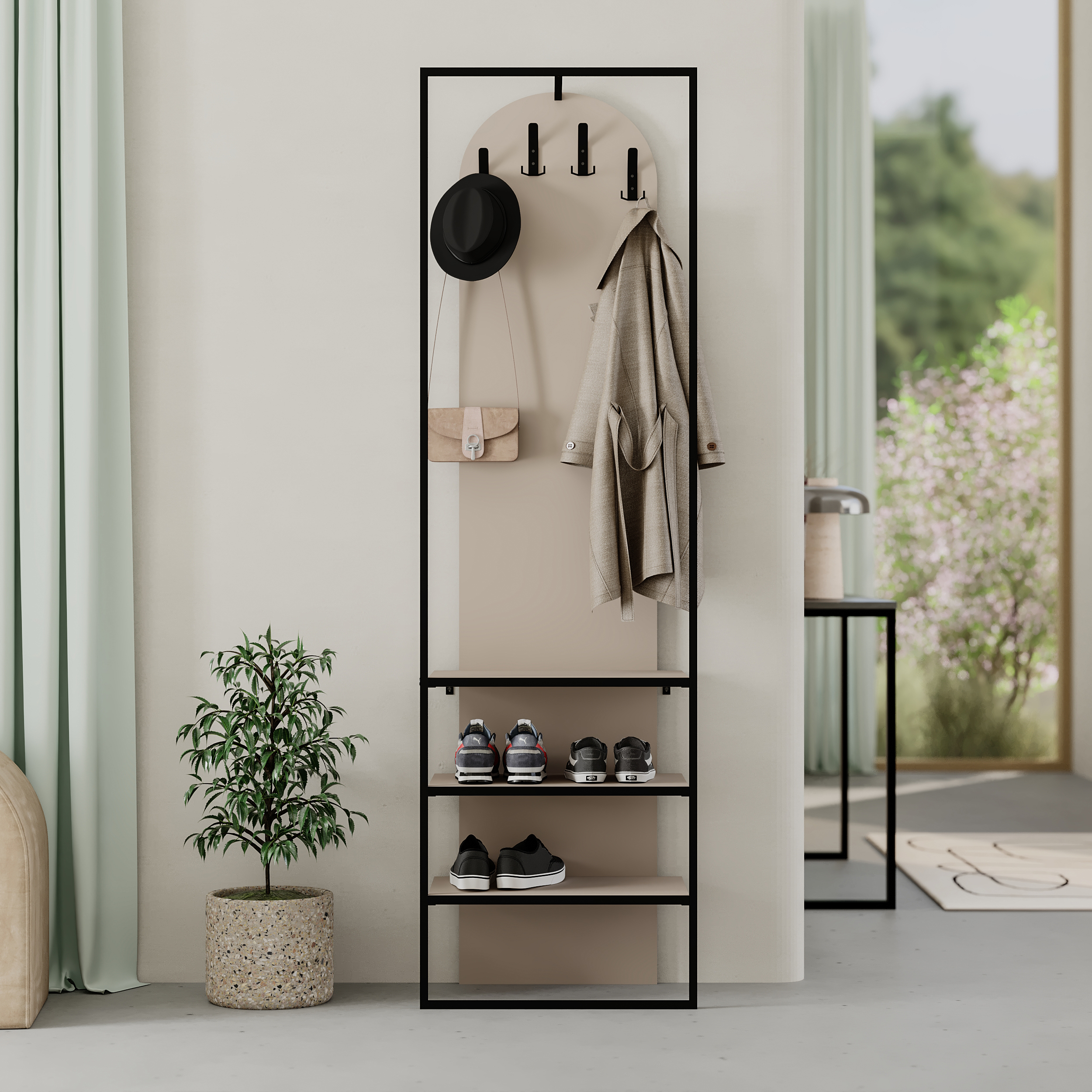 modern-archy-hall-stand-coat-rack-with-shoe-storage-180cm-high-sandstone
