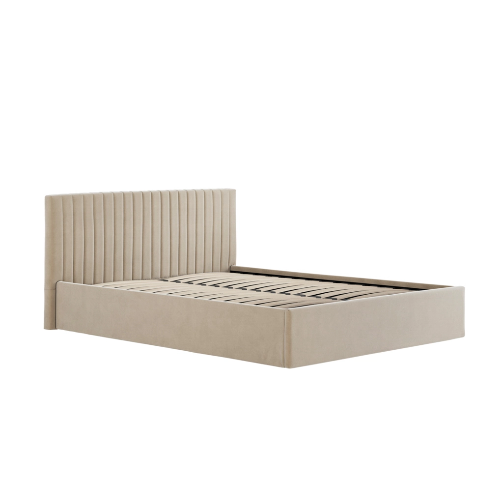 Beige upholstered bed frame with a tall, vertical channel-tufted headboard and slatted base (no mattress).