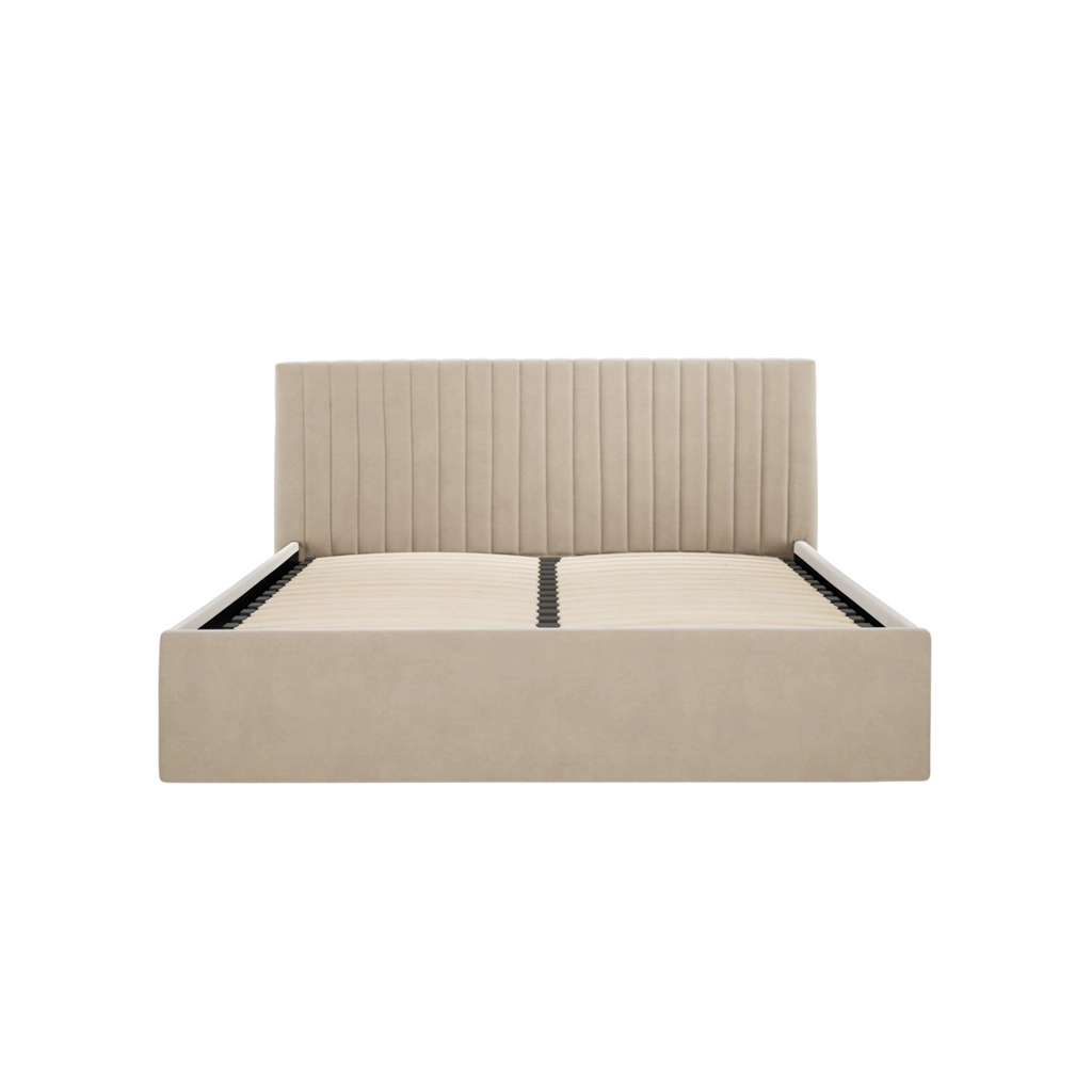 Beige upholstered bed frame with a vertical channel-tufted headboard and slatted foundation without a mattress nearby.