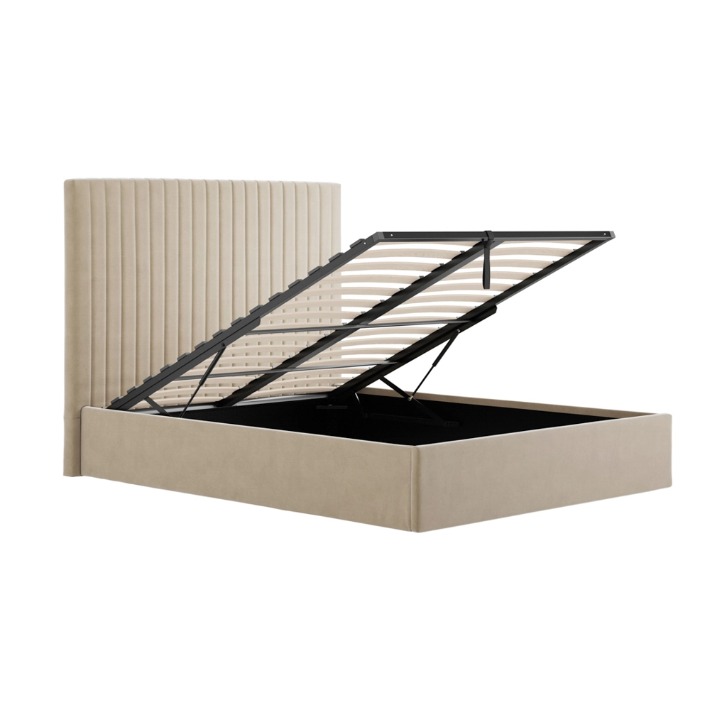 Beige upholstered bed frame with a hydraulic lift raising the mattress, revealing under-bed storage space with a black interior.