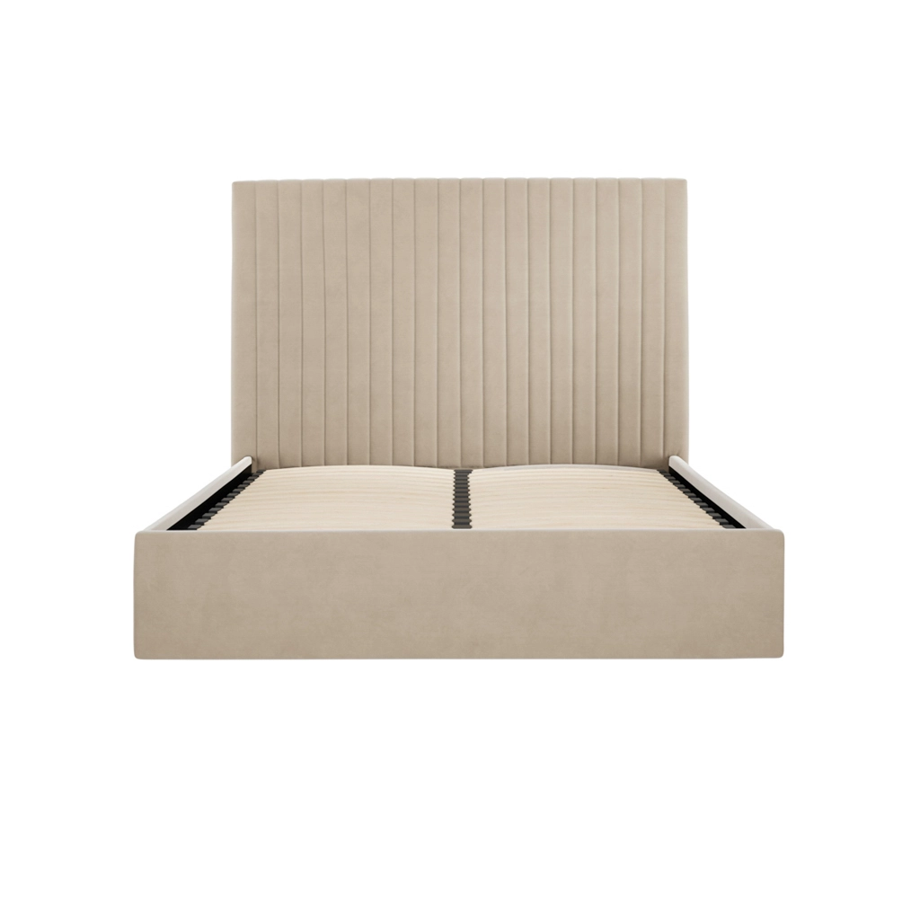 Beige upholstered bed frame with a tall, vertical-channel headboard and exposed slat supports on the base bed platform