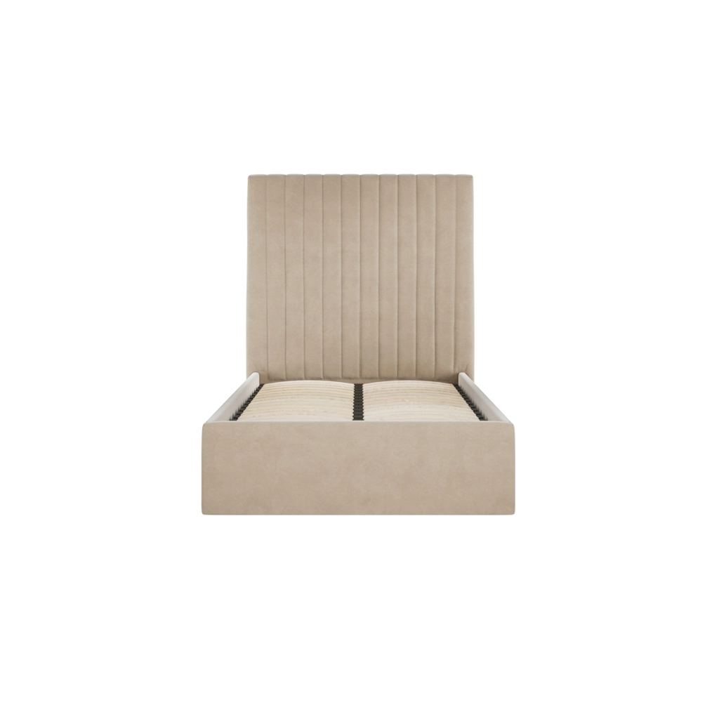 Beige upholstered bed frame with a tall, vertically tufted headboard and slatted foundation, shown without a mattress ready for assembly or use as a bed base.