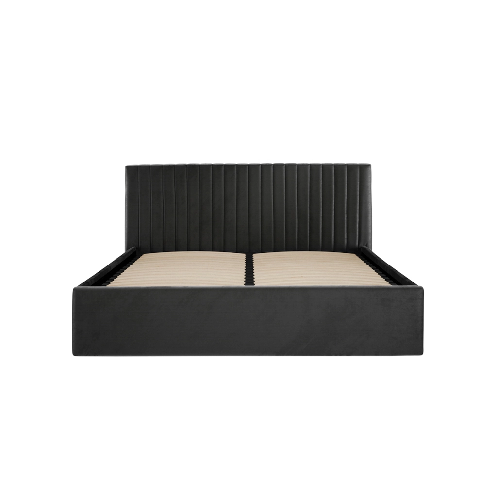 Black upholstered bed frame with a tall vertical-channel headboard and slatted foundation (no mattress).