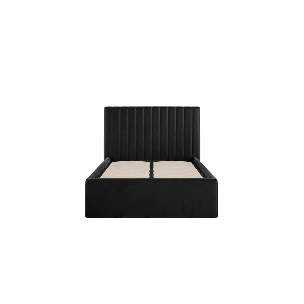 Black upholstered platform bed frame with a tall, vertically tufted headboard and beige slatted support inside the frame.