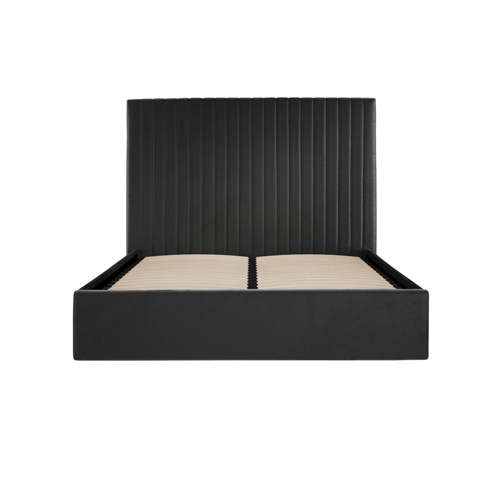 Black upholstered platform bed frame with a tall, vertical-channel headboard and slatted base (no mattress)
