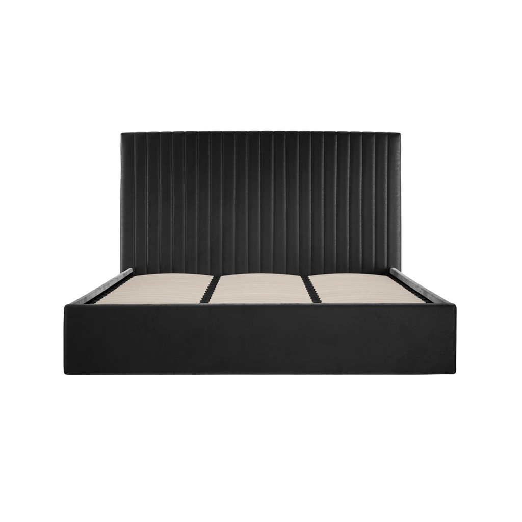 Black upholstered bed frame with a tall, vertically paneled headboard and beige slatted foundation.