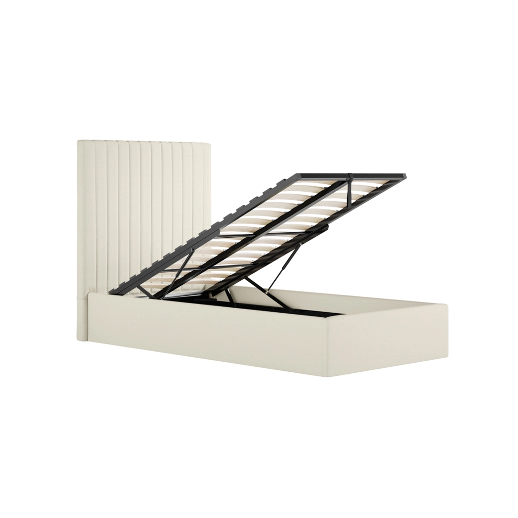Cream upholstered bed with a vertical-channel headboard and a gas-lift storage base opened to reveal under-bed space
