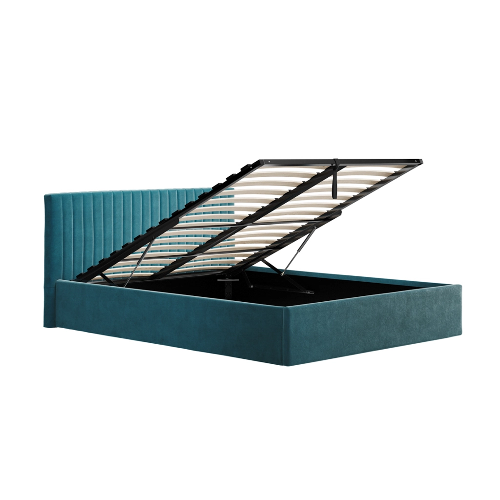 Teal upholstered storage bed with a gas-lifted mattress frame opened to reveal ample under-bed storage