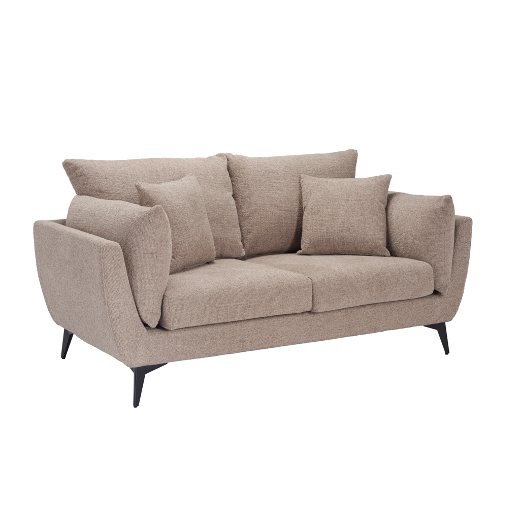 Carter-Taupe-2-Seater-Sofa-2 1 - Jamies Furniture Beige fabric 3-seater sofa with multiple back and throw cushions on tapered black legs (mid-century style).