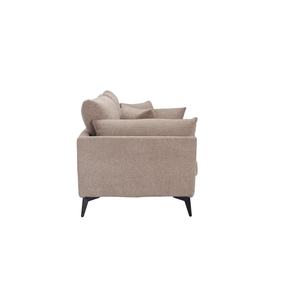 Carter-Taupe-2-Seater-Sofa-3 - Jamies Furniture Beige fabric sofa with two back cushions and black angled legs, seen from the side