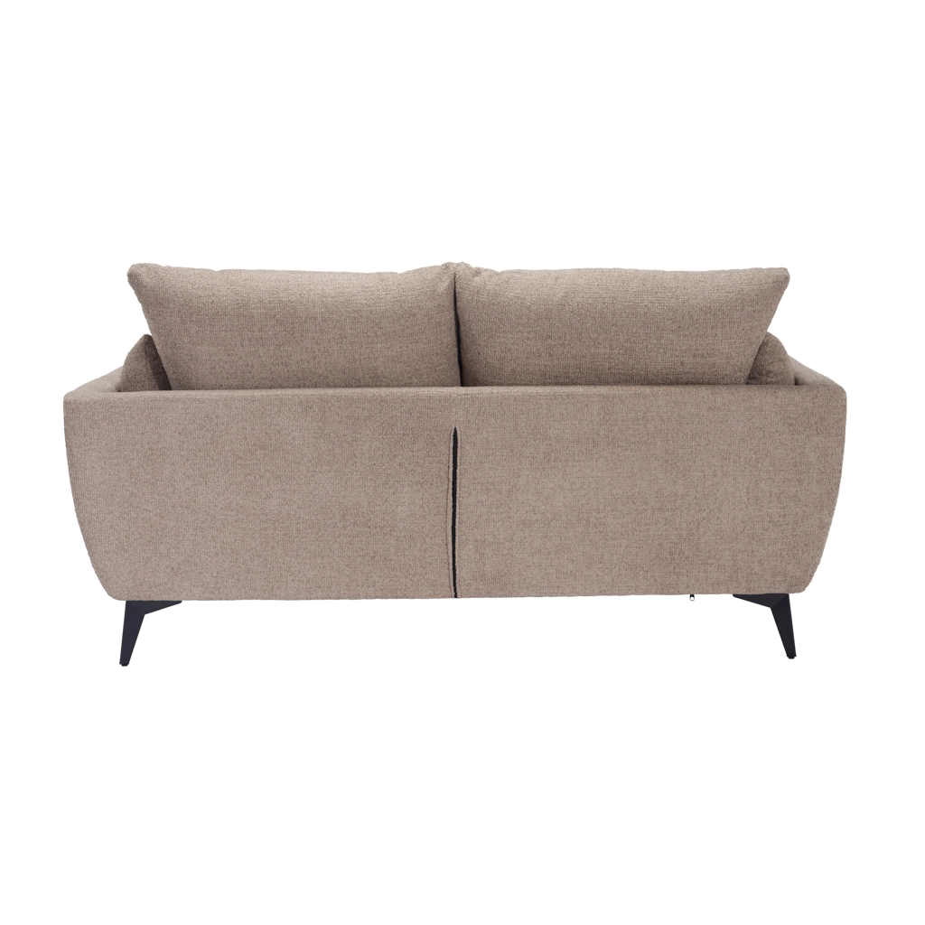 Carter-Taupe-2-Seater-Sofa-4 - Jamies Furniture Beige fabric sofa with two loose back cushions and dark angled legs, viewed head-on.