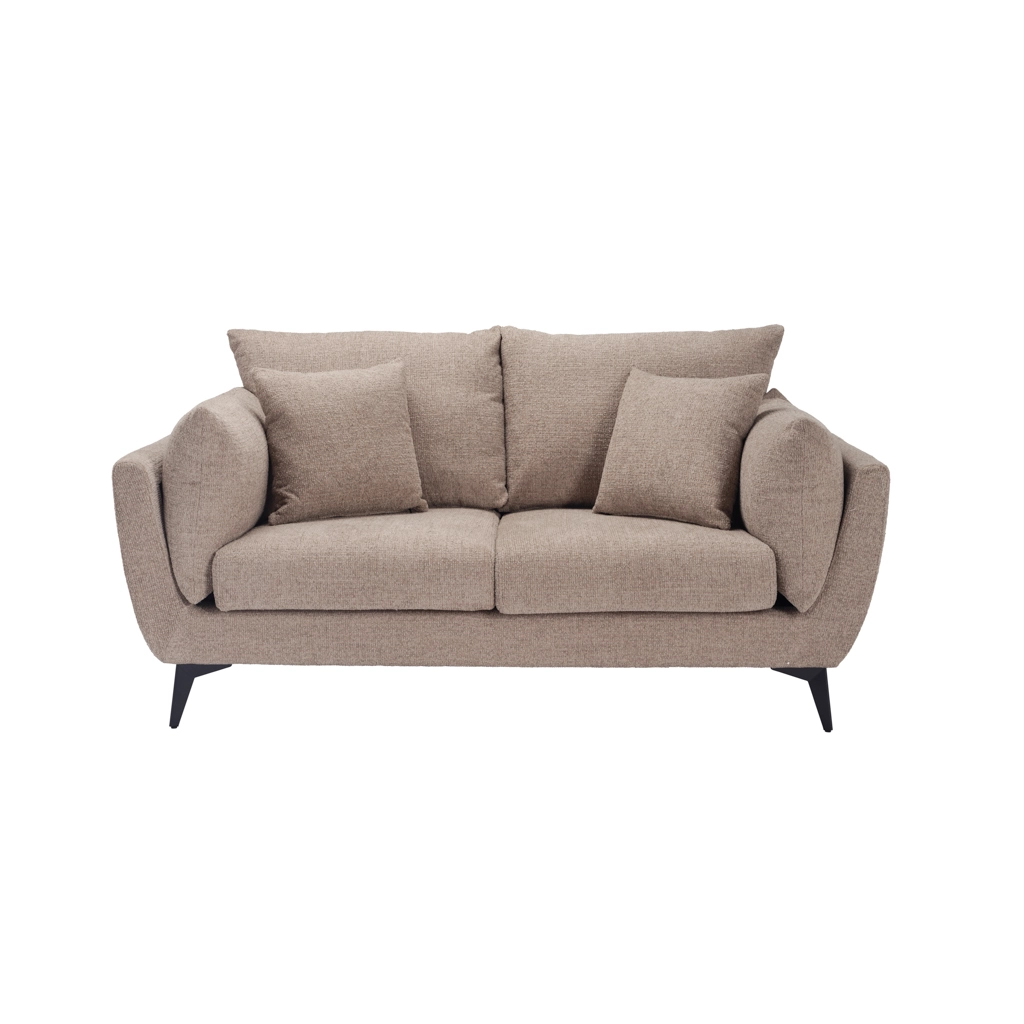 Beige fabric three-seat sofa with three back cushions and two matching throw pillows on dark tapered legs.