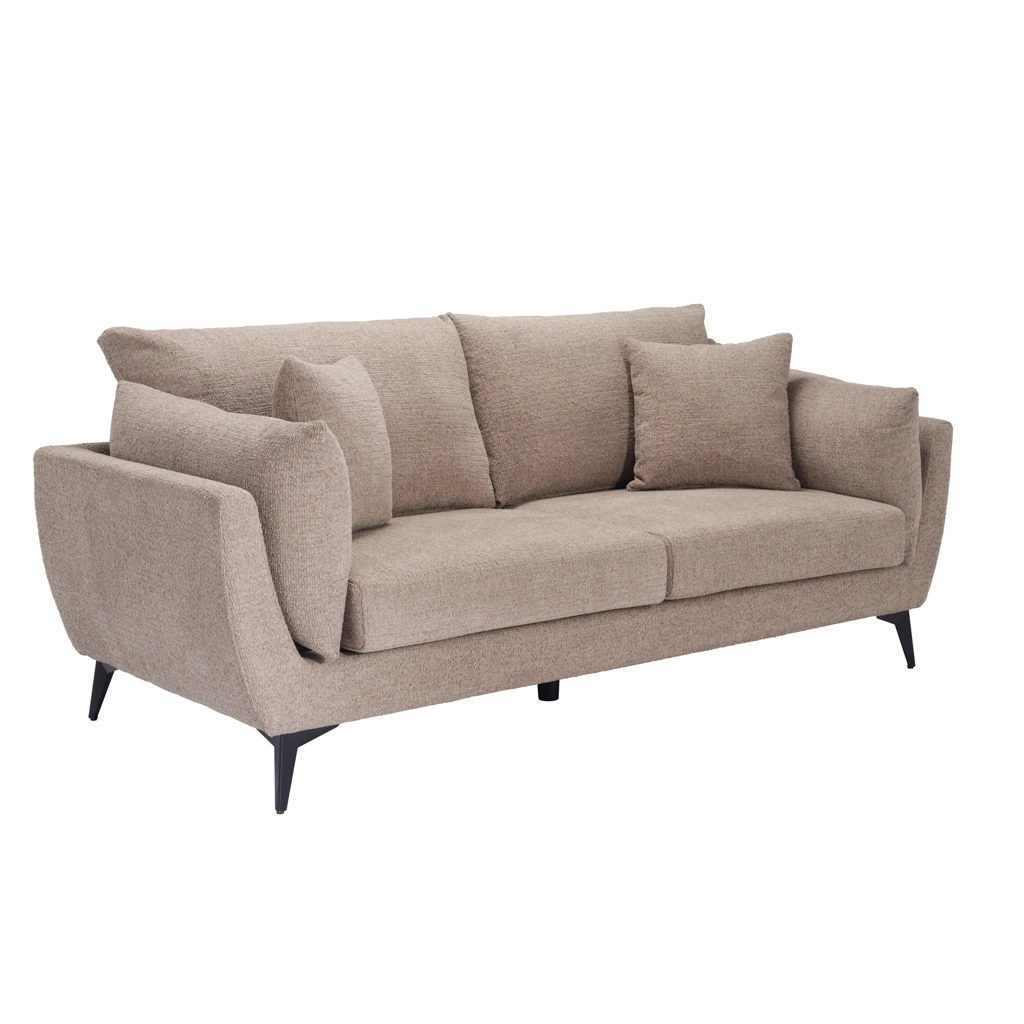 Carter-Taupe-3-Seater-Sofa-2 - Jamies Furniture Beige upholstered sofa with multiple back and seat cushions and black tapered legs, mid-century style.