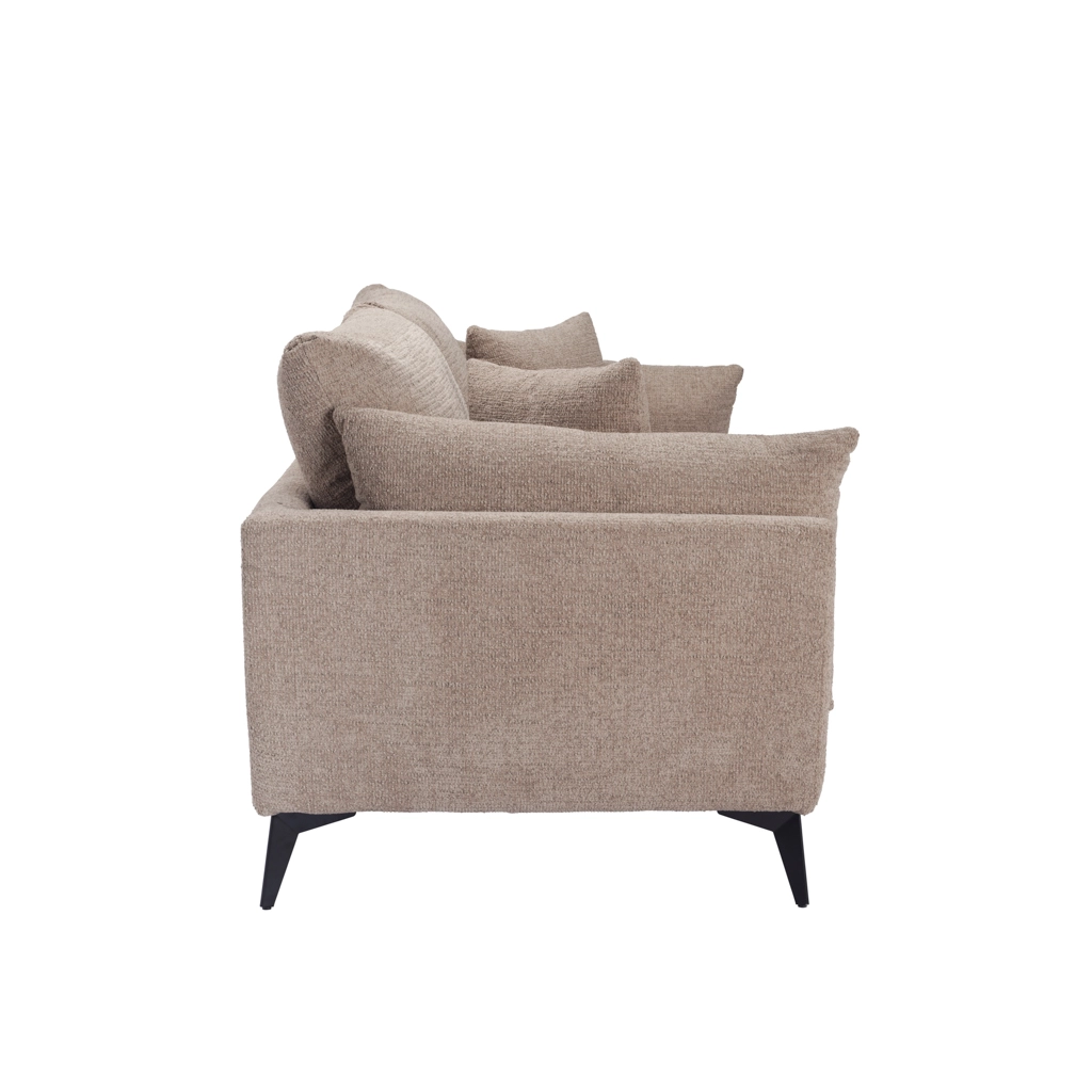 Carter-Taupe-3-Seater-Sofa-3 - Jamies Furniture Beige fabric sofa with three matching cushions and dark angled legs, viewed from the side.