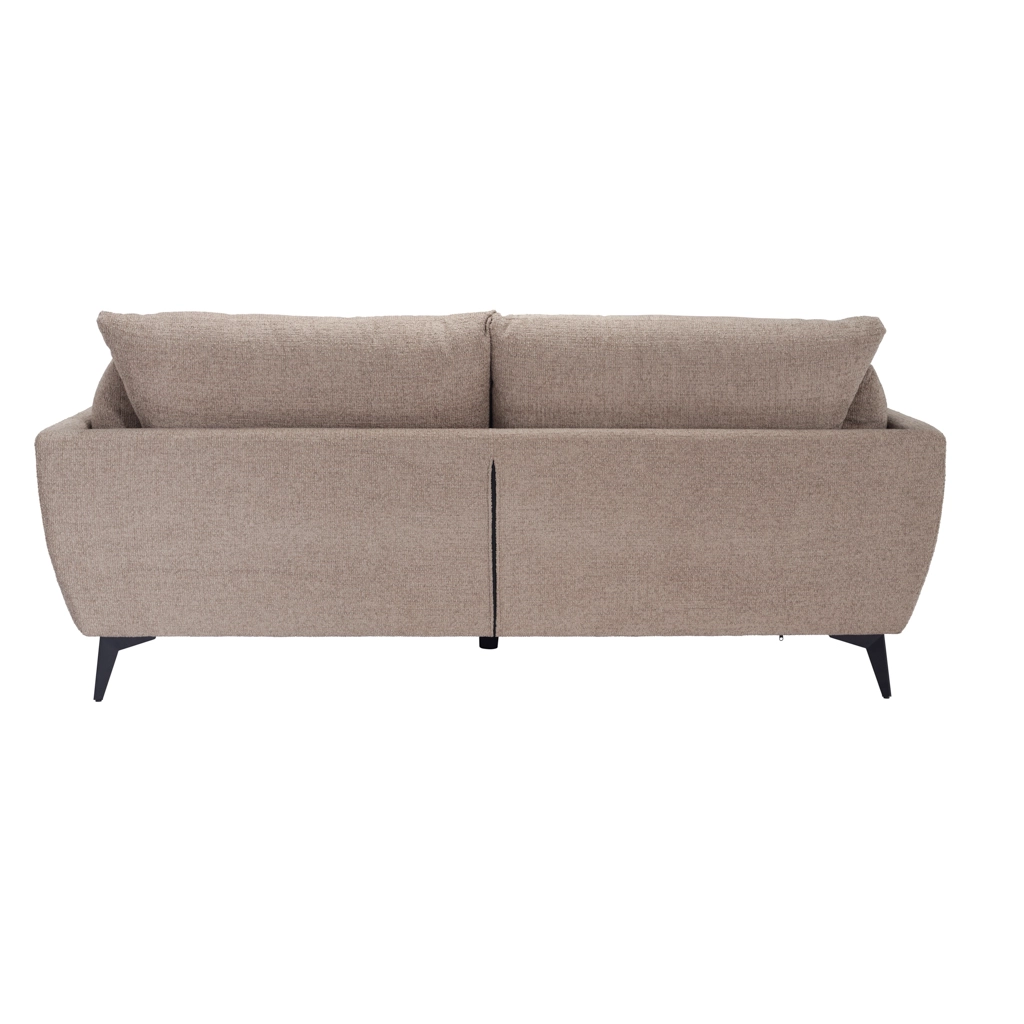 Carter-Taupe-3-Seater-Sofa-4 - Jamies Furniture Beige fabric sofa with two back cushions and slim black legs, shown from the front in a modern design style.