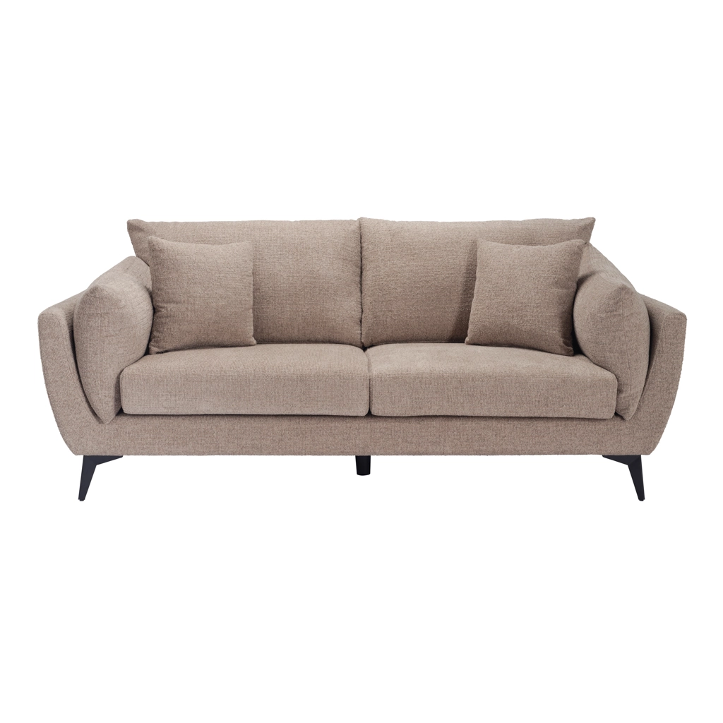 Beige upholstered sofa with three back cushions and two throw pillows on a low-profile black legs base on a white background, viewed head-on.