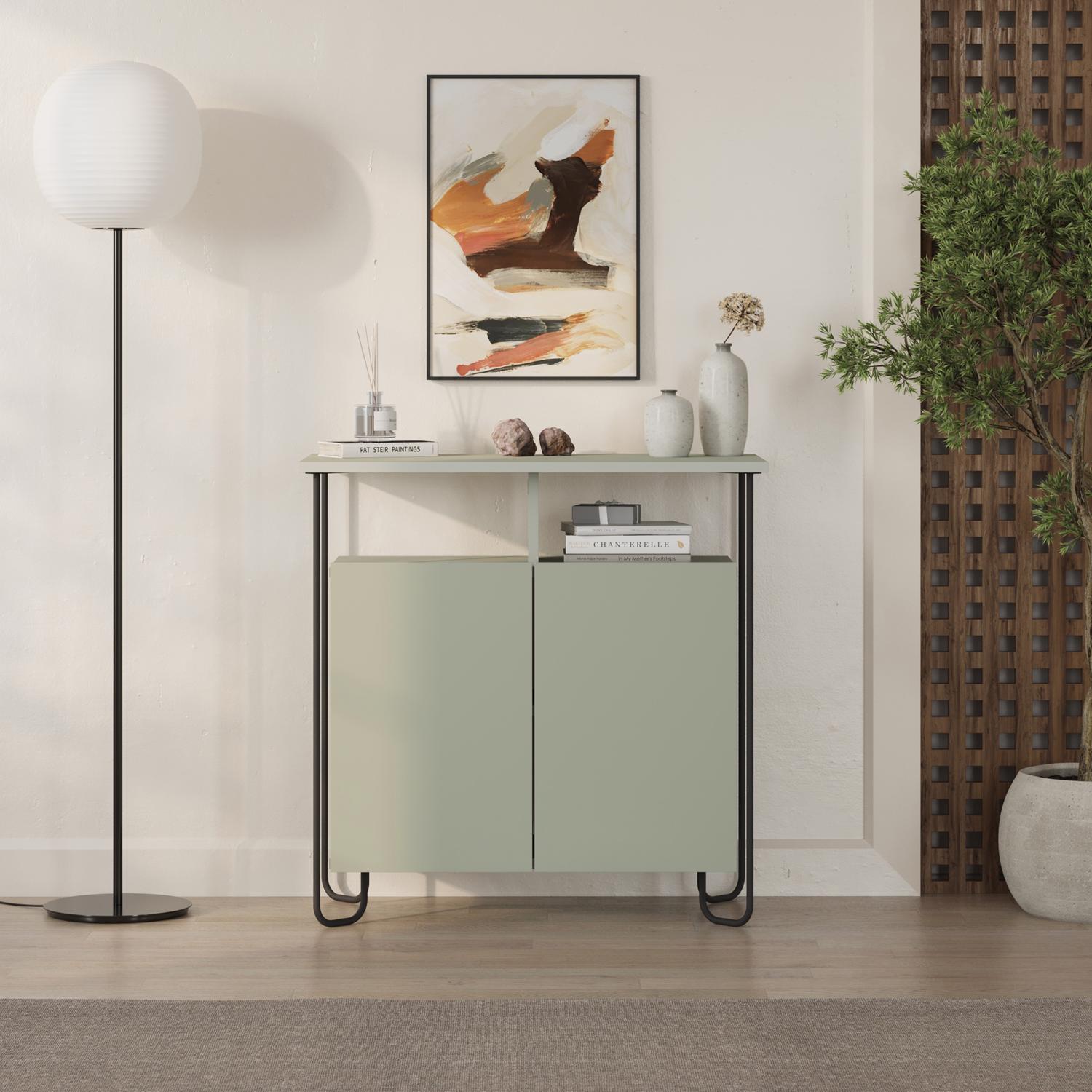 cornea-2-door-sideboard-buffet-unit-ash-green-with-open-shelf-black-metal-frame