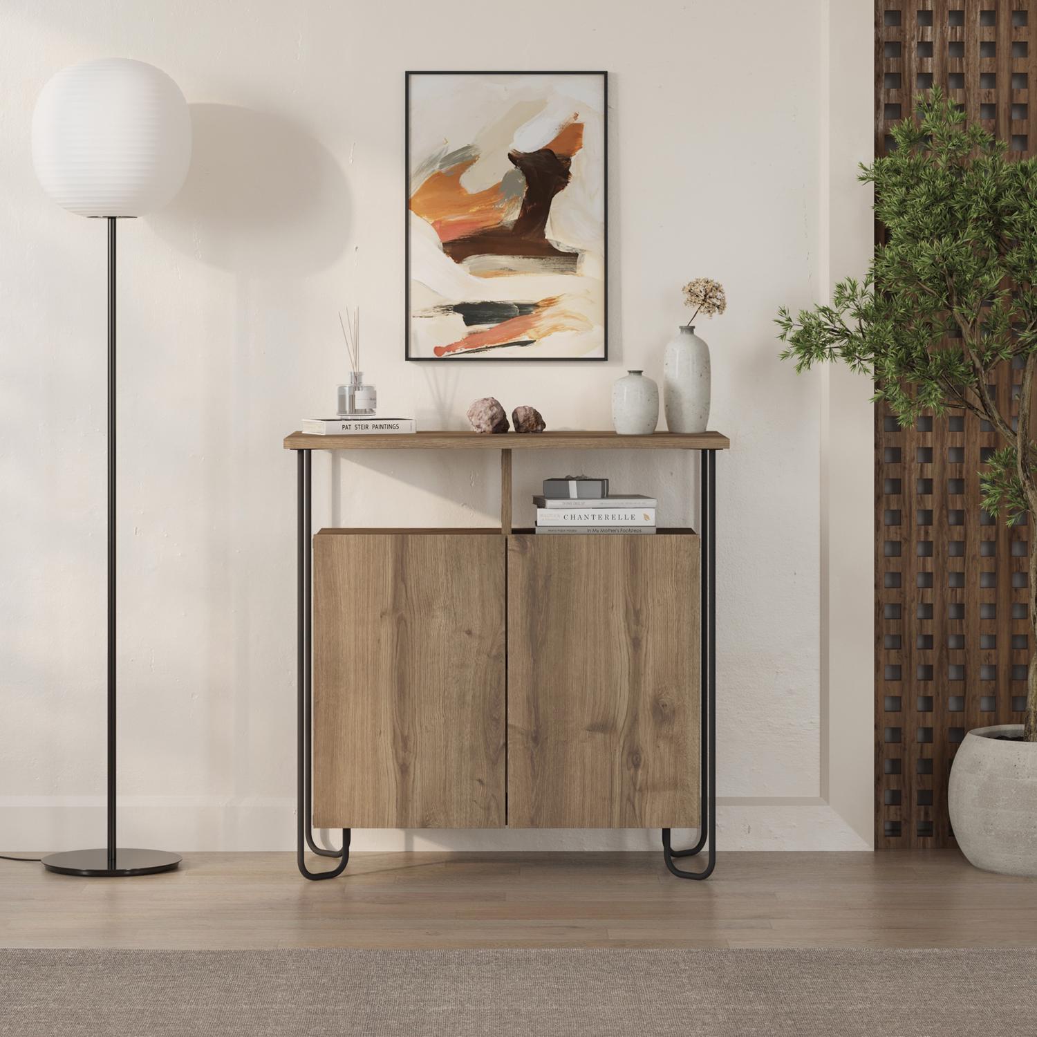 cornea-2-door-sideboard-buffet-unit-dark-oak-with-open-shelf-black-metal-frame