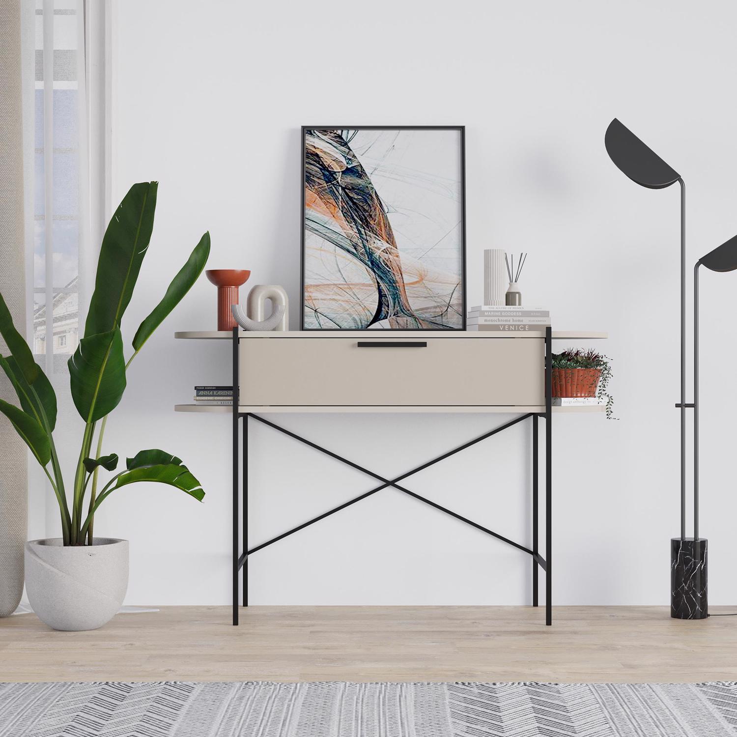 otis-1-drawer-2-shelf-console-table-matt-sandstone-with-black-metal-frame