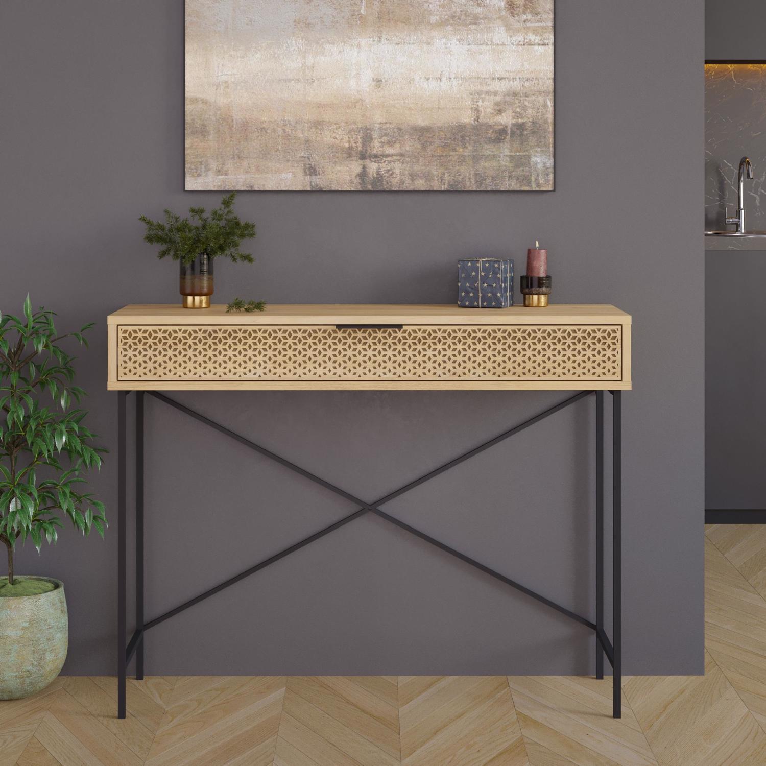 naive-1-drawer-console-table-sapphire-oak-with-black-metal-frame