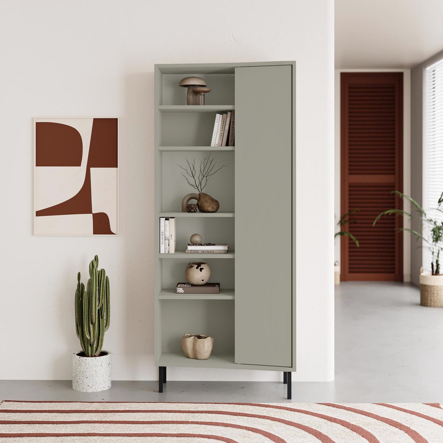 frem-curved-5-tier-tall-bookcase-with-1-door-ash-green-175-5-cm