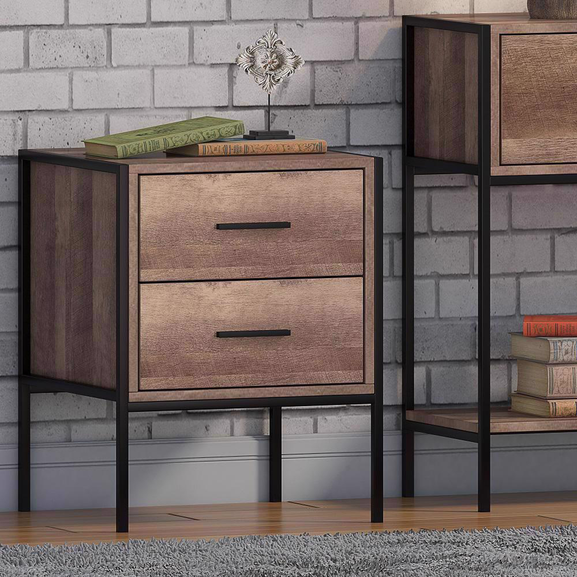 loft-industrial-2-drawer-bedside-table-wood-effect-black-metal-frame
