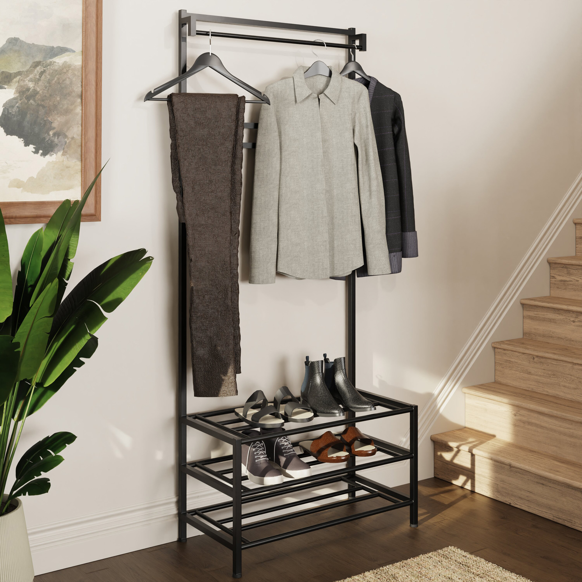 Industrial Urban Design Black Hallway Storage Rack With Hanging Rail - Image 3