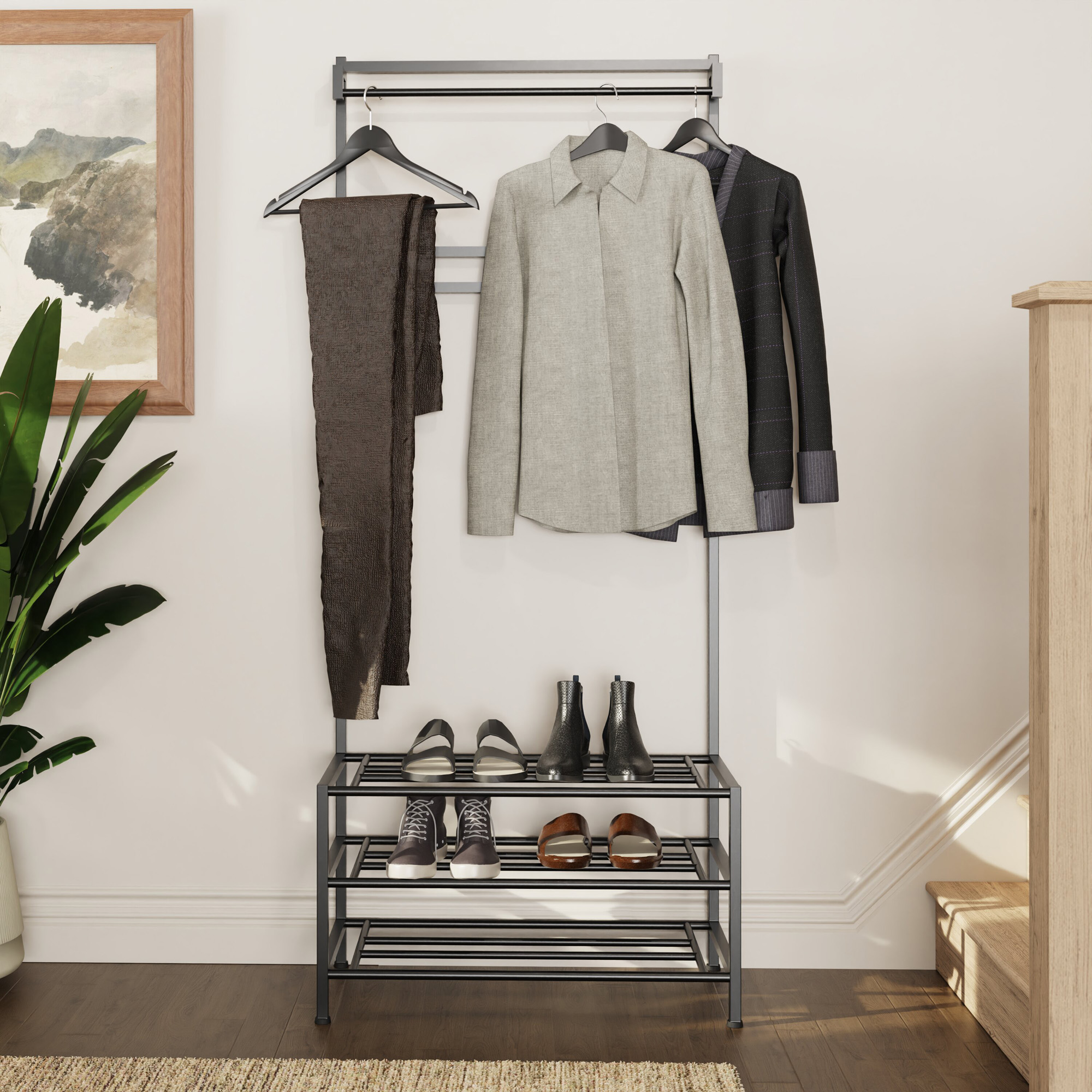 industrial-urban-design-black-hallway-storage-rack-with-hanging-rail