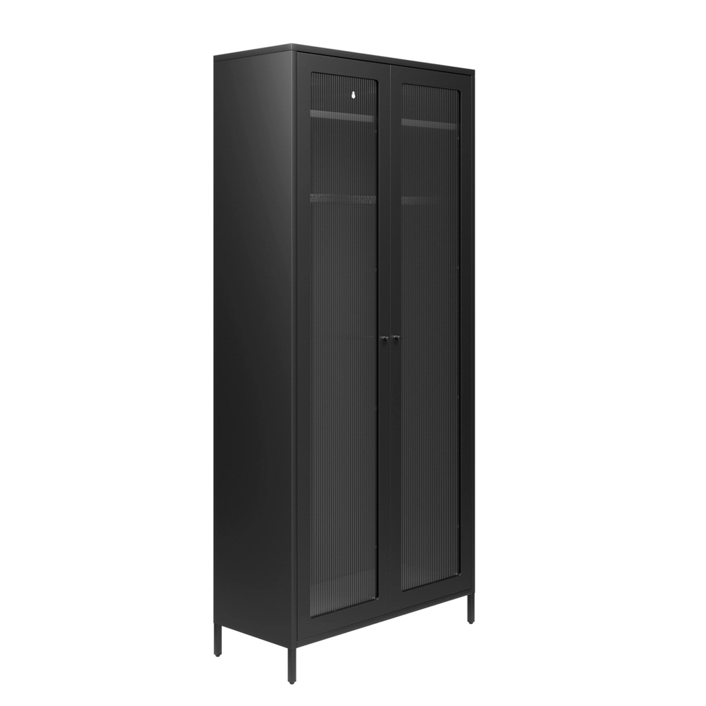 Tall black storage cabinet with two glass-paneled doors and slender feet, standing upright