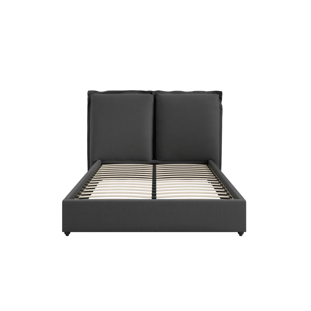 Dark gray upholstered platform bed frame with a two-segment padded headboard and wooden slat foundation.