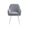 Gray upholstered lounge chair with curved back and slim chrome legs, on a white background.