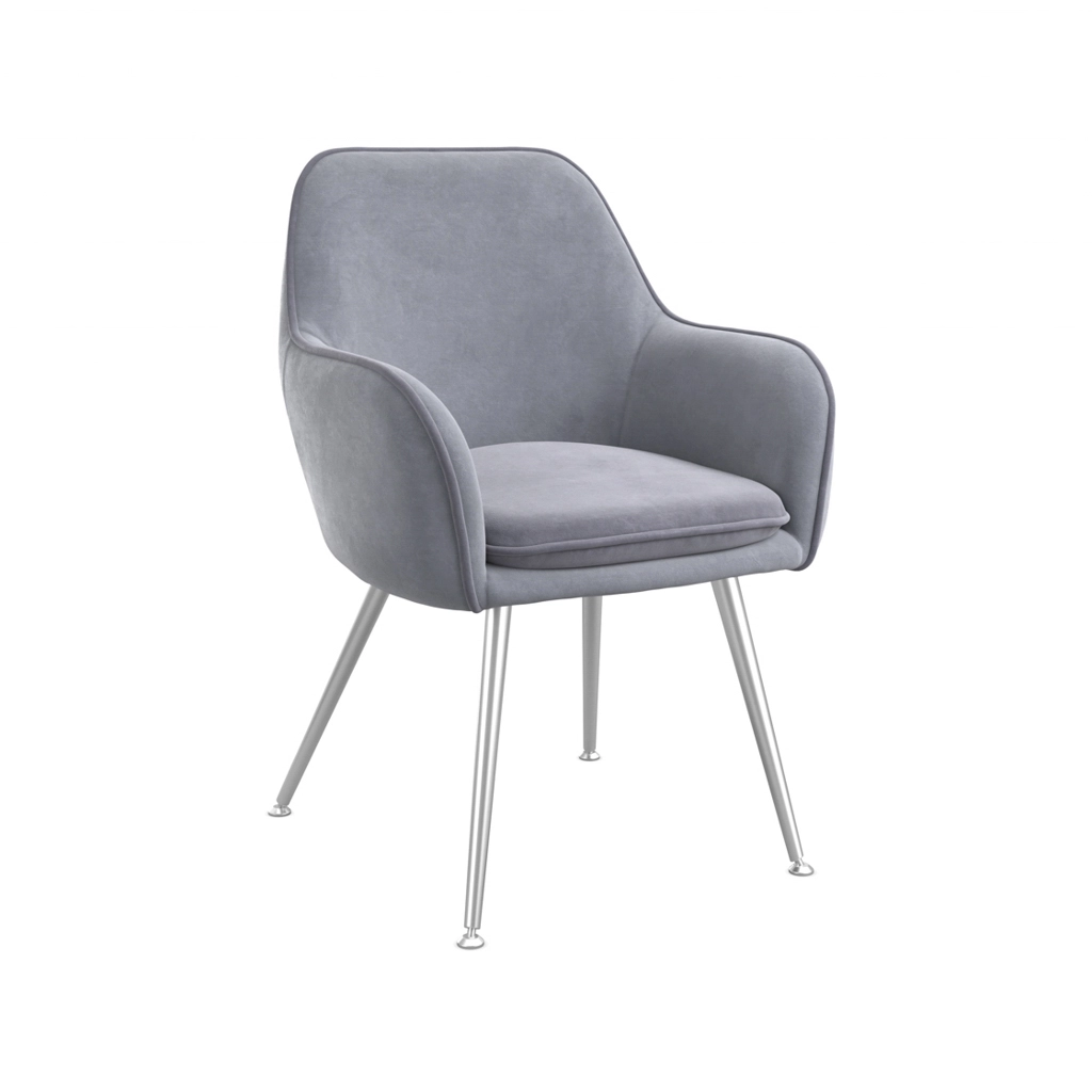 Grey upholstered armchair with curved arms and slim metal legs, modern accent seating
