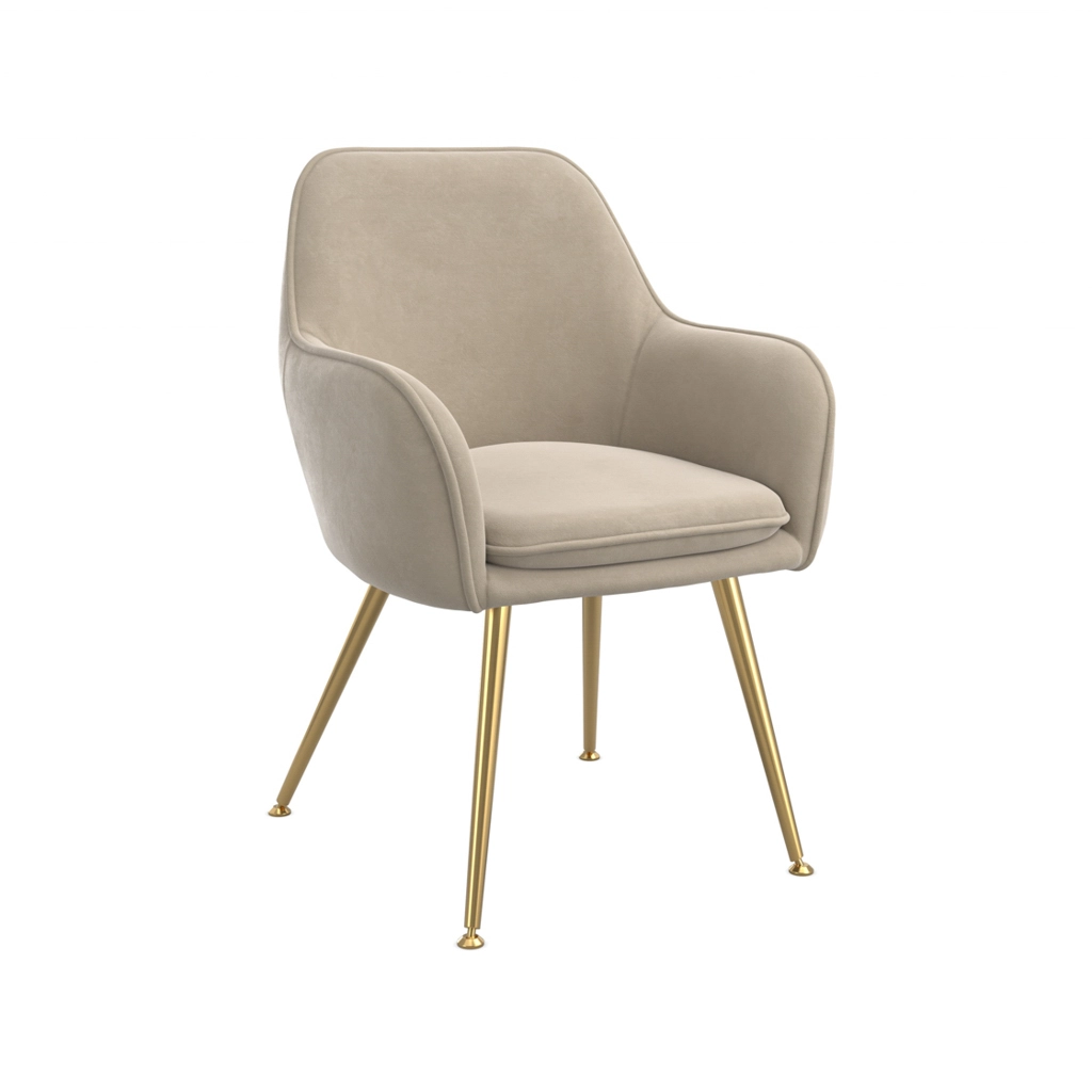 Beige upholstered armchair with rounded back and curved arms on gold-colored metal legs