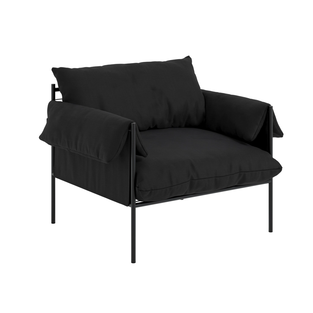 Black metal-framed armchair with thick black cushions, viewed from a front-right angle