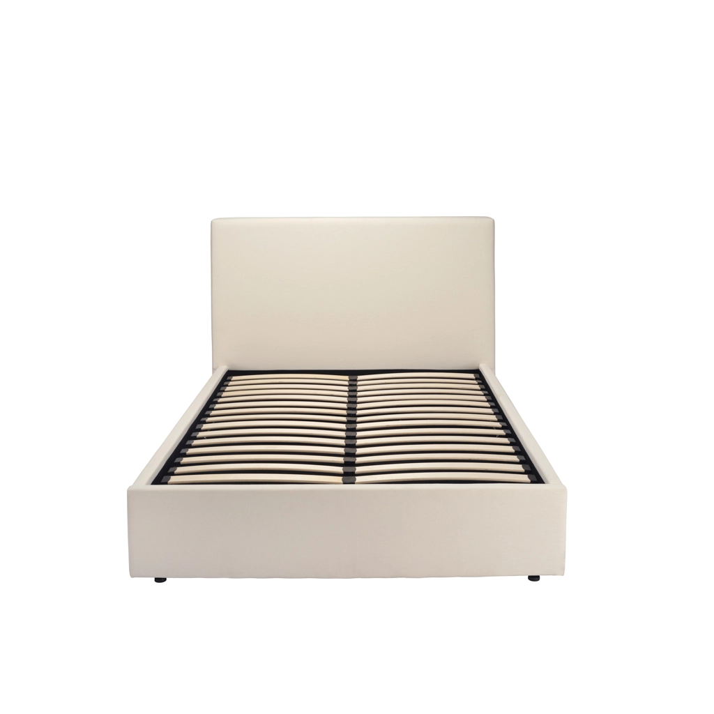 Beige upholstered bed frame with a tall headboard and slatted foundation, shown from the front against a white background.